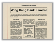 American Depositary Receipt announcement : Wing Hang Bank, Limited = 「美國存卷憑証」通告 : 永亨銀行有限公司